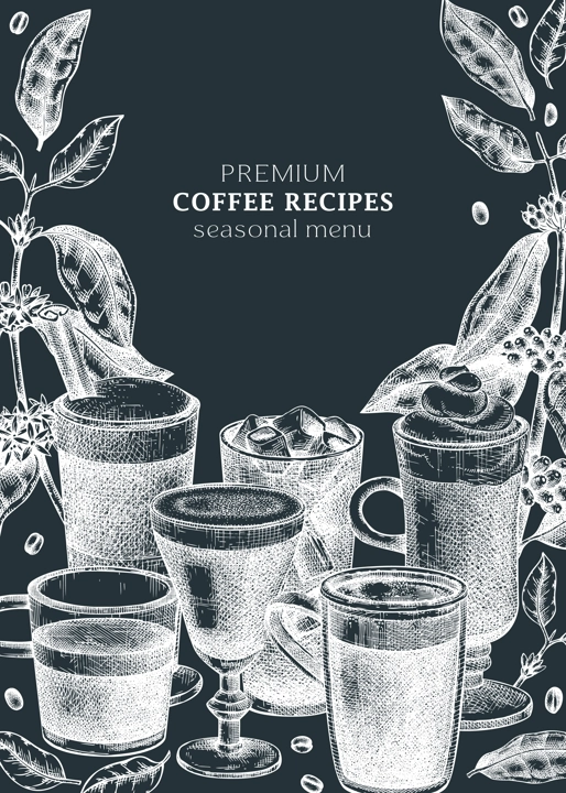 Hand-sketched coffee card or flyer on chalkboard. Vector sketches of mugs with aromatic drinks design. With botanical coffee plants, leaves and beans in vintage style. Vector beverages template